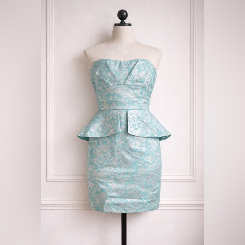 Speechless Strapless Peplum Jacquard Dress in Aqua
